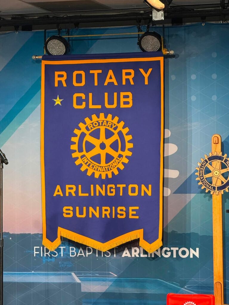 Arlington Sunrise Rotary Club banner at First Baptist Church of Arlington