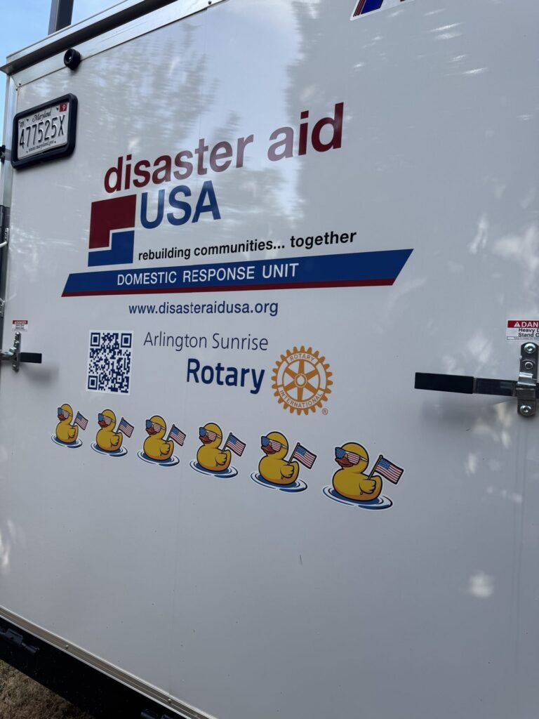 Disaster Aid USA response trailer featuring the Arlington Sunrise Rotary logo